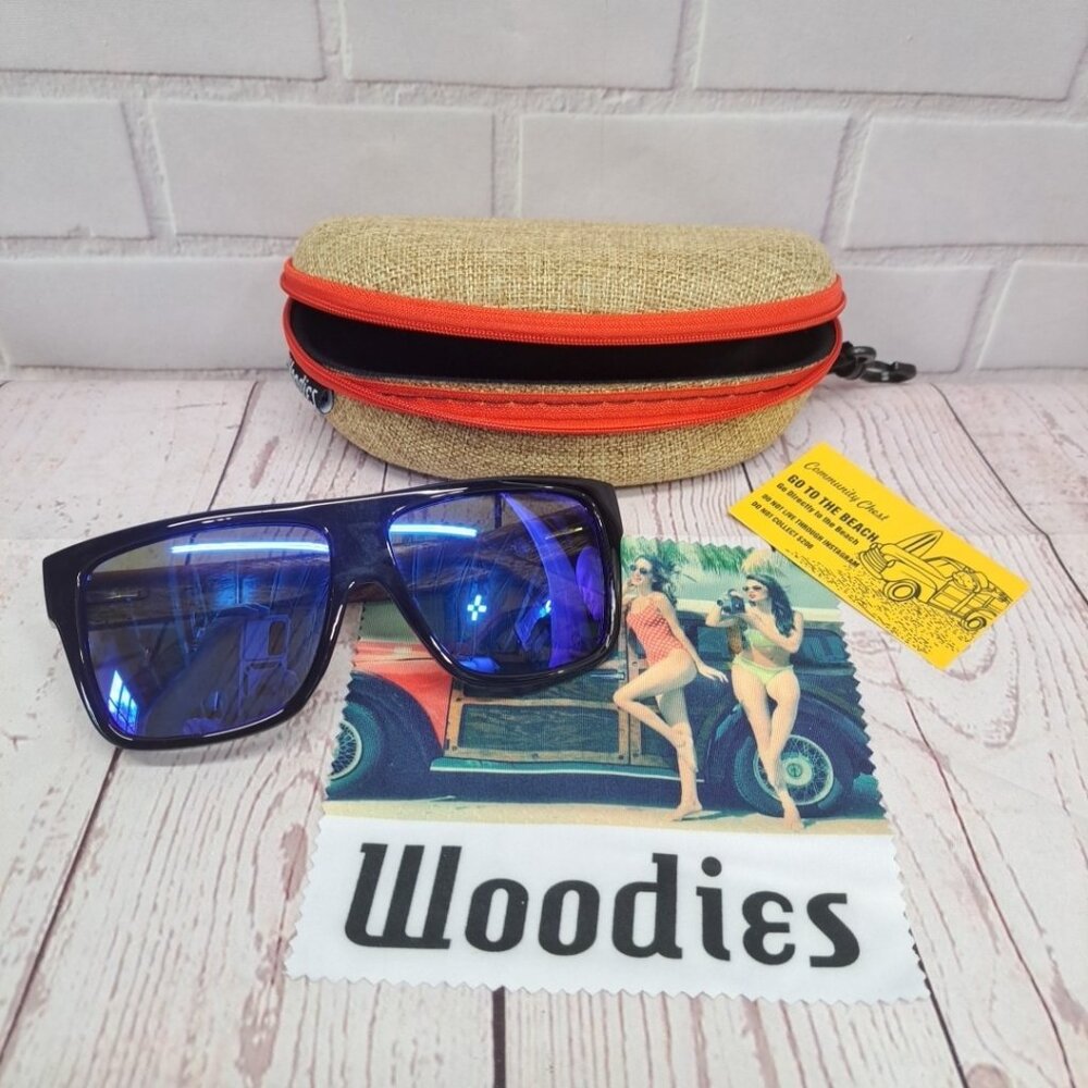 Woodies Sunglasses See You At The Beach Square Shades Blue Lens, Wood +‎ Case